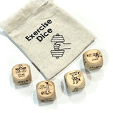 Set of exercise dice with illustrations on a branded carrying bag.
